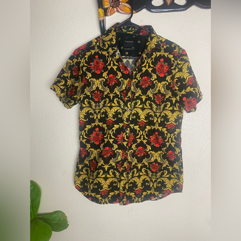 Men’s Denim and Flower patterned Button Down Shirt